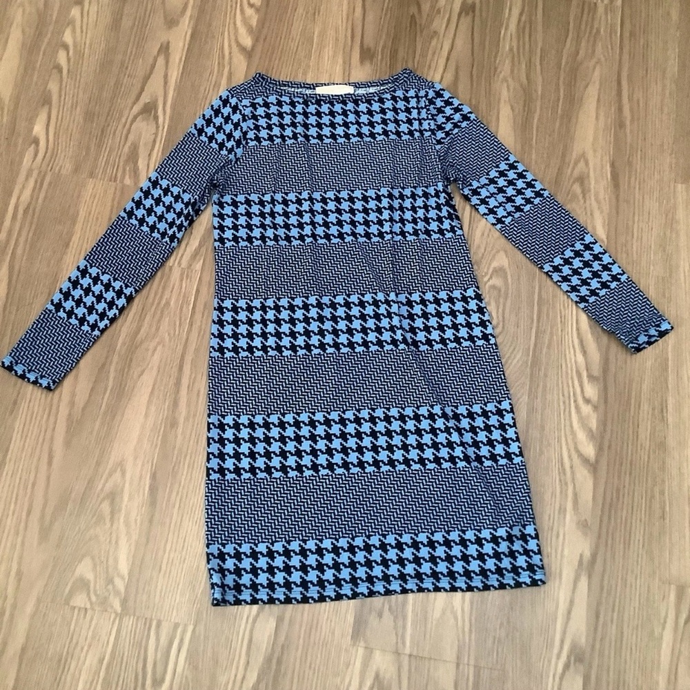 Michael Kors Herringbone Houndstooth Dress Long Sleeves Blue Black Size P/S